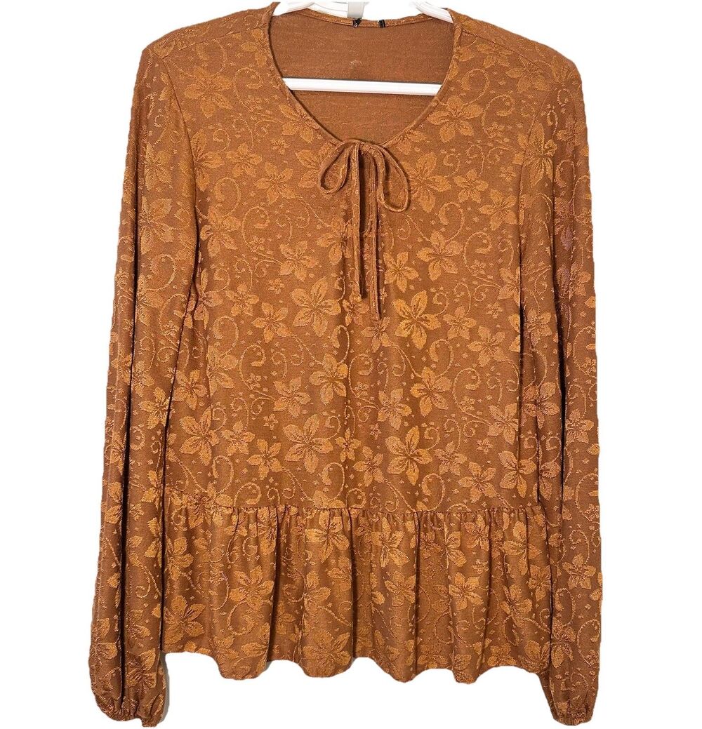 OVS Rust Floral Jacquard Peplum Top Small Boho Long Sleeve Tie Neck Spain